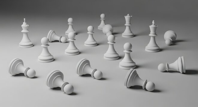 A chess board with pieces scattered across it illustration