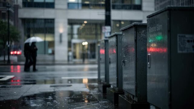 Rainsoaked medium shot of a downtown telecom hub exterior central office facade in crisp focus while wet streetside cabinets shimmer softly out of focus in the foreground.