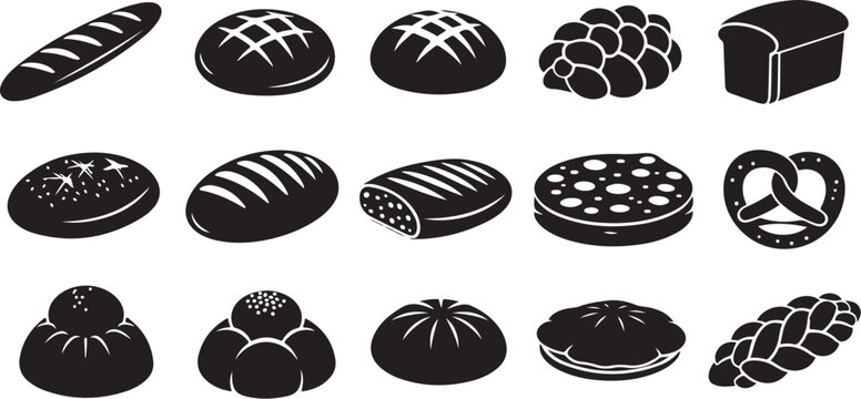 Variety of bread icons in black and white illustration
