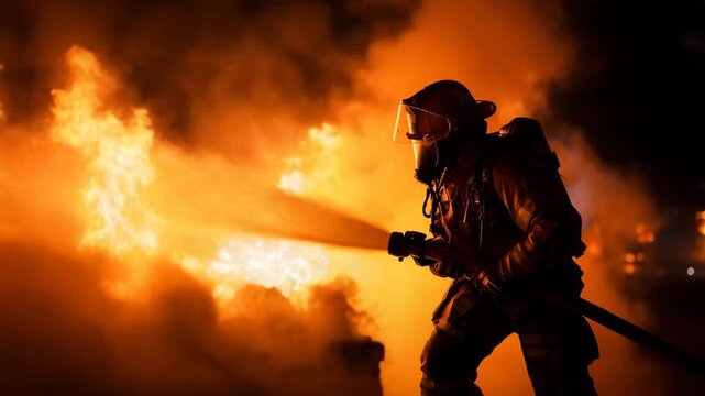 Firefighter battling intense flames with hose in burning environment dramatic scene of emergency response rescue danger heat smoke and heroic profession concept
