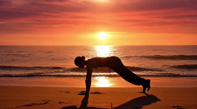 Silhouette of a person doing the Yoga Tree Pose on the beach as the sky changes from red to purple, waves gently moving, cinematic meditation scene.