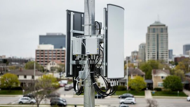 Medium shot of a smart antenna cluster distinctly visible while surrounding city and suburb elements remain softly blurred portraying optimized coverage in mixed urban settings.