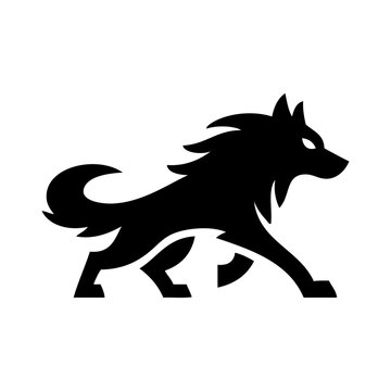 Logotipo con un dibujo sencillo con l&iacute;neas de un lobo corriendo cazando 