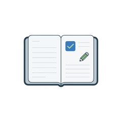 A clean, simple vector illustration depicts an open notebook with lined pages, a blue checkmark, and a green pencil, symbolizing tasks, notes, or education.