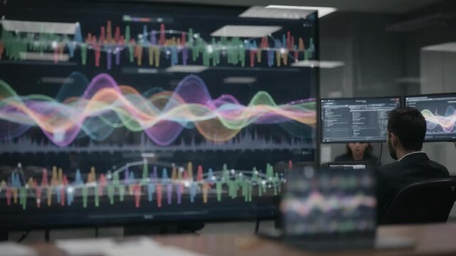 Medium shot of an interactive realtime spectrum analysis dashboard focusing on live troubleshooting signals and spectrum management data with the peripheral scene blurred to