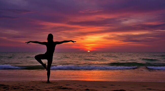 Silhouette of a yogi doing a balancing pose on a tropical beach during a dramatic sunset, clouds moving slowly, gentle waves, cinematic nature relaxation.