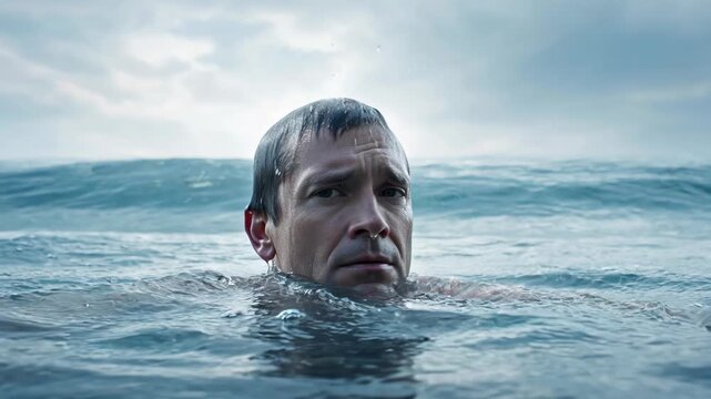Man Struggling in Water with Emotion and Determination