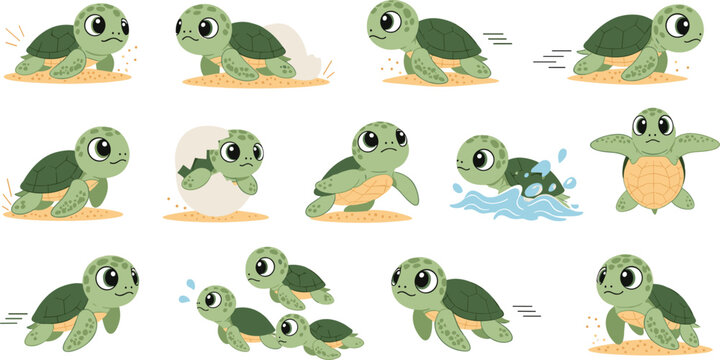 Cute baby sea turtle cartoon characters vector set little turtles crawling swimming hatching kawaii marine animal illustration collection isolated background