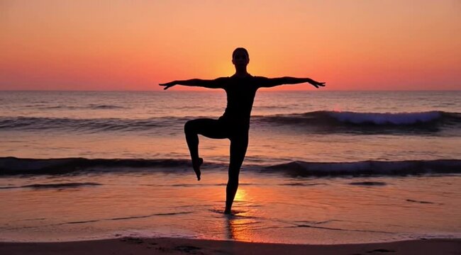 Silhouette of a yogi doing a balancing pose on the beach at dusk, the sun almost setting on the sea horizon, the waves moving slowly, an aesthetic and calming video.