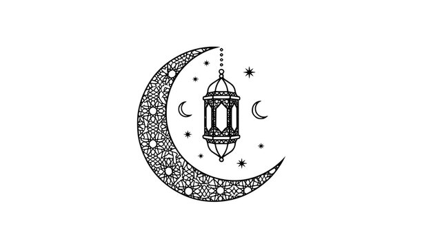 Decorative crescent moon with hanging Ramadan lantern Islamic vector illustration
