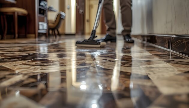 Professional Cleaner Using Vacuum on Luxury Polished Marble Floor in High-End Hotel Lobby