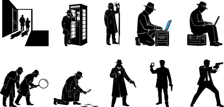 Collection of secret agent and detective silhouettes performing various investigation activities set