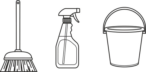 Set of essential cleaning tools featuring a broom spray bottle and bucket in a minimalist line art style ideal for household service apps or hygiene concepts © Zohaib