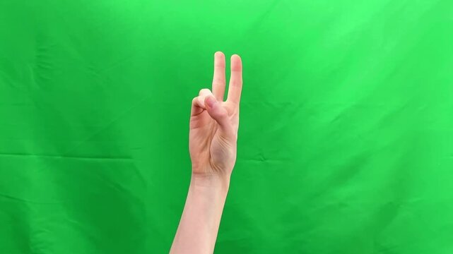 Hand showing five fingers as countdown gesture against green chroma background. Human palm demonstrating numeric sequence for timer start or instruction. Visual communication concept for counting.