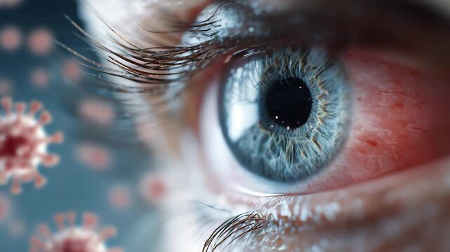 Extreme macro view of a human blue eye with floating hantavirus particles symbolizing viral infection public health risks disease surveillance medical research immunity and healthcare awareness