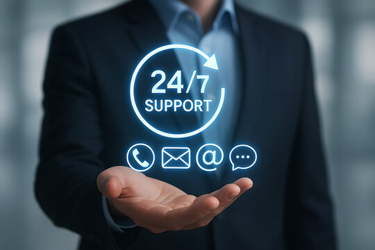 Businessman hand showing digital hologram of twenty four seven customer support contact phone email and assistance services