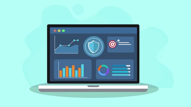 Animated laptop displaying secure data analytics dashboard with shield icon, charts, graphs, and target panel. Concept of cybersecurity monitoring, digital protection, and secure business data analyti