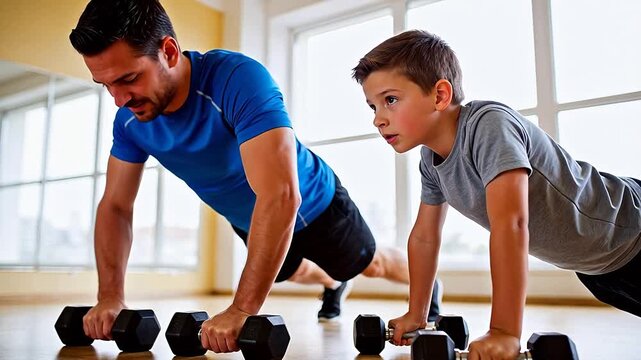 Father and son doing push-ups with dumbbells in home gym, bonding through fitness and healthy lifestyle &ndash; active family, wellness, exercise