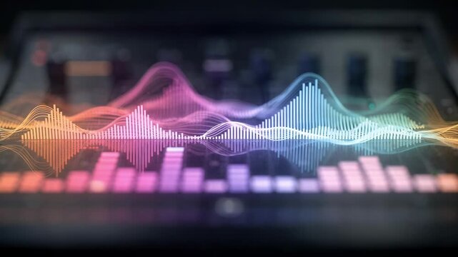 Frontfocused display of an automated sound leveling system visually depicting speech and music signal adjustments in a hightech setting with peripheral elements blurred.