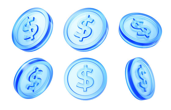 Banking, coin concept. Blue glass token coin isolated on transparent background - 3d rendering