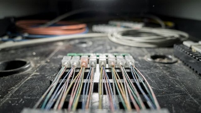 Image of an underground fiber splice enclosure during expansion work featuring focused closeup of fusion splice points with the rest of the enclosure out of focus.