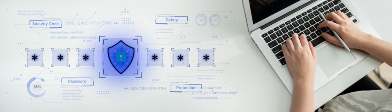 A concept of an advanced cybersecurity system. The futuristic interface shows a multi-factor authentication process using a secure password or PIN for enhanced data protection. Fermion