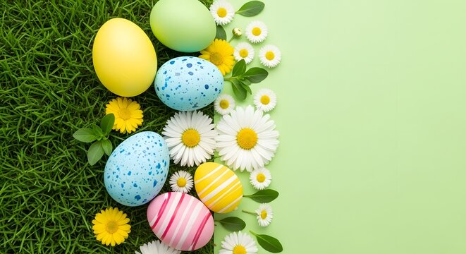 Colorful easter eggs and flowers on a green grass background for spring holiday