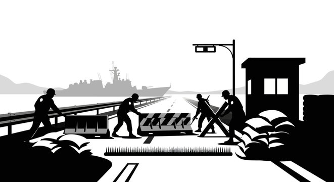 Military checkpoint on road with warship in background, border control, security, defense
