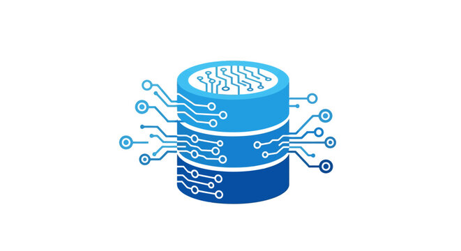 Database server icon with circuit connections for software and technology design, blue vector symbol