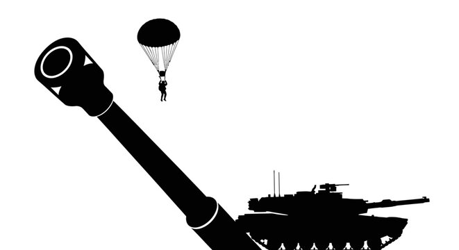 Military Paratrooper Descends Near Silhouette of Tank Barrel and Turret