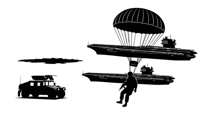 Military Paratrooper Descends onto Aircraft Carrier with Humvee Below