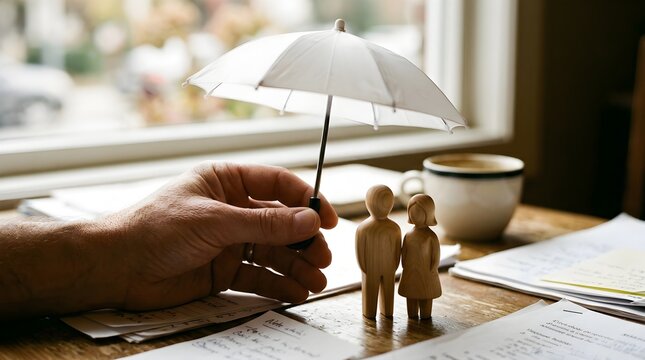 Protecting your loved ones and securing their future a hand holds a small umbrella over wooden family figures, symbolizing insurance, security, and careful financial planning