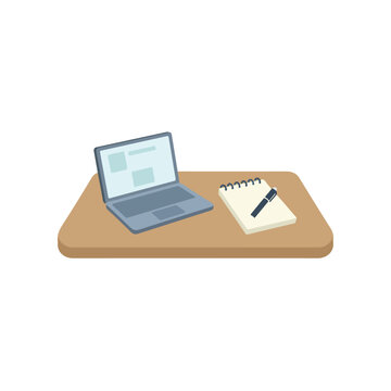 A minimalist vector illustration features an open laptop displaying graphics alongside a spiral-bound notepad and pen on a light brown table.