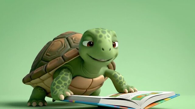 Cute cartoon turtle character studying with book loop, educational learning animation 4K

