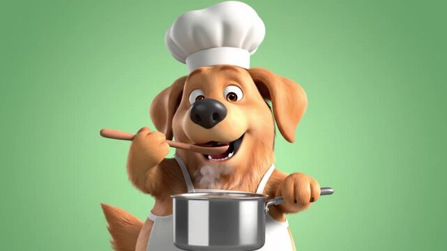 Cute cartoon dog chef character cooking in kitchen loop, whimsical culinary animation 4K