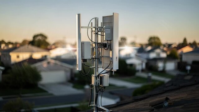 Focused smart antenna array mounted on a rooftop with the suburban background out of focus showcasing dynamic beam steering to enhance local wireless network performance.