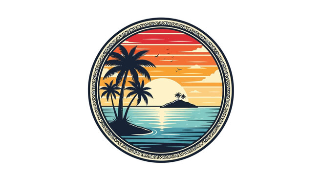 Tropical sunset beach illustration with palm trees and ocean waves in a circular frame.
