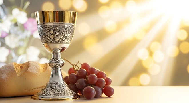 A beautifully decorated chalice with grapes and bread on a table with a blurred background of lights and flowers