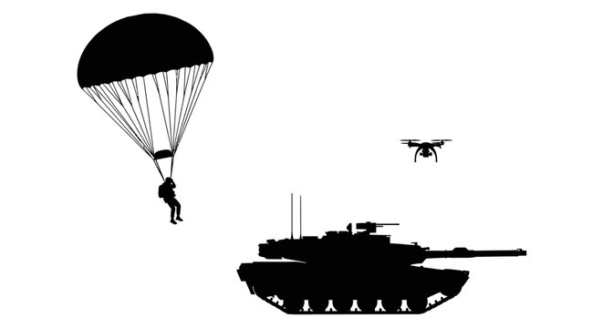 Military Paratrooper, Tank, and Drone Silhouette - Modern Warfare and Technology