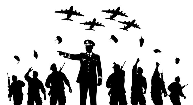 Military Paratroopers Jumping From Airplanes With Commander Directing