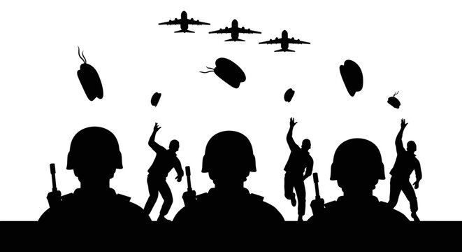 Military Paratroopers Jumping From Airplanes, Dropping Supplies