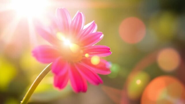 Pink gerber daisy blooming in sunlight with bokeh effect and green background