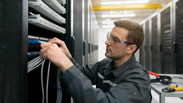 Network engineer performing cable termination in newly built server room patch panels and tools gently blurred for emphasis.