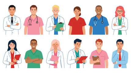 Medical team of doctors and nurses standing together in hospital hall