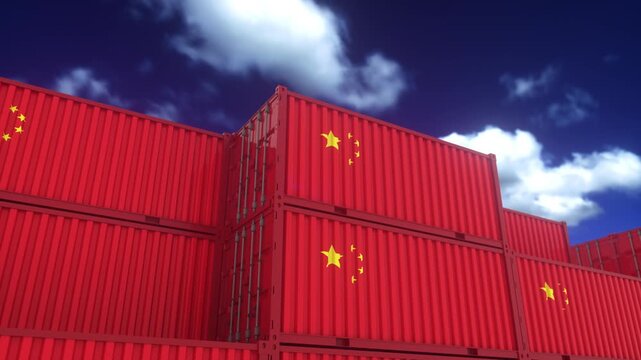 Chinese Shipping Containers Stacked Under Dramatic Cloudy Sky in 3D Render