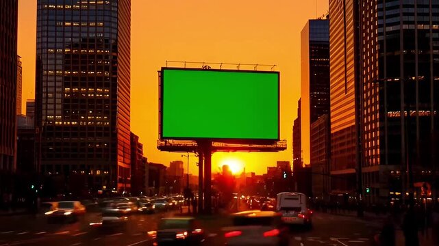 Horizontal City Billboard Green Screen Mockup at Sunset with Traffic