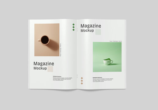 Hardcover Open Magazine Book and Cover Mockup on White Background
