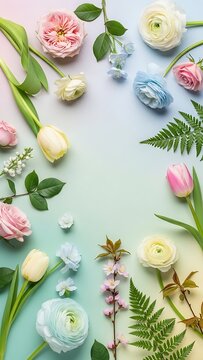 Floral arrangement with various blooms and greenery on a pastel backdrop