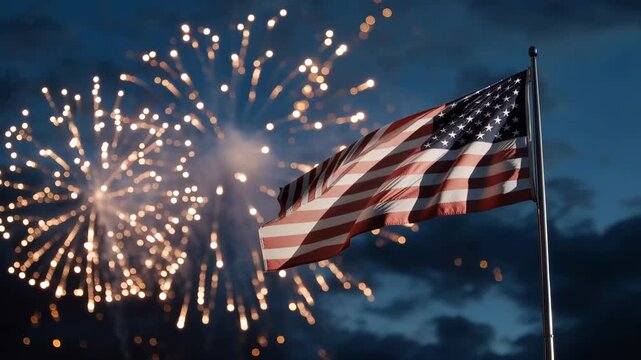 American Flag Waving with Fireworks Display at Dusk
