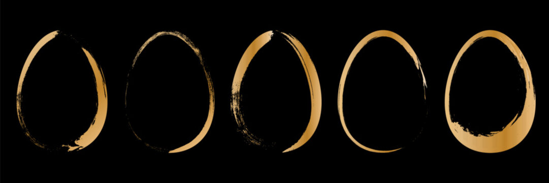 Collection of golden brush egg frames isolated on black background for luxury easter design. Elegant vector illustration set for greeting card, spring celebration banner and religious decoration